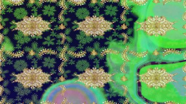 Paisley 'ler zarif çiçek desenli eskiz arka plan duvar kâğıdı çizimi klasik tarz, modern 3D çizgili sanat eseri altın ve yeşil desenli çiçek yaprakları ve süslemeleri..