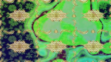 Barok tarzında duvar kâğıdı tasarımı için eskiz şablonu arka planı. Altın elementlerle yeşil renklerde altın desen. Süslü raster dekorasyonu.