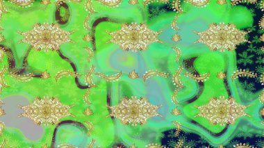Geleneksel oryantasyon süsü. Altın elementlerle yeşil renklerde altın desen. Klasik Raster altın desenini çiz. Klasik vintage arkaplan.