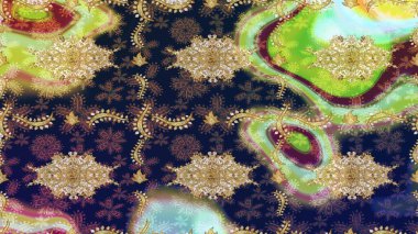 El yapımı dekoratif çerçeve, albüm kapağı, tebrik kartı, klasik Art deco tarzı. Raster soyut çiçek çelengi altın karalama fantezi yaprakları ve tarafsız renklerde çiçek.