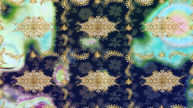 Geleneksel raster ve altın desen. Damask eskiz süsü. Klasik oryantal desen mavi renkler üzerinde.