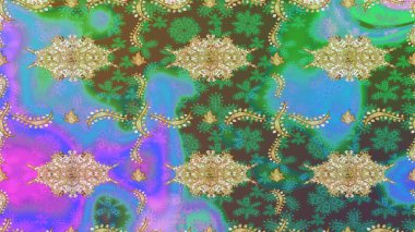 Skeç raster arka planı. Şık bir grafik desen. Yeşil renkte altın elementler. Çiçek deseni. Duvar kâğıdı barok, İspanyol kumaşı.