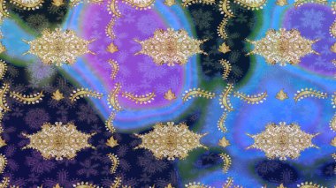 Altın renkli çizim çizimi. Raster geometrik arka plan. Altın çiçekli mavi renklerde altın eskiz deseni. Senin tasarımın için, duvar kağıdı..