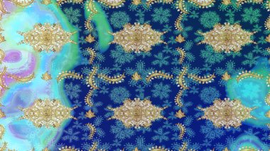 Ortaçağ çiçek desenini çiz. Raster illüstrasyonu. Mavi renkte altın. Dekoratif simetri arabesk. Doğum günü, davetiye ya da afiş için tebrik kartı.