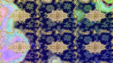 Damask çizimi tekrarlanıyor. Barok tarzında altın çiçekli süs. Antika altın tekrarlanabilir duvar kağıdı. Mavi renklerdeki altın element.