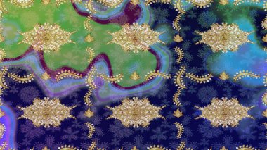 Mavi renklerdeki altın elementler. Barok tarzında eskiz oryantal süsü. Geleneksel klasik Raster altın çizim kalıbı.