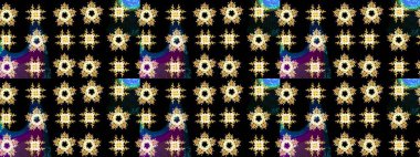 Raster illüstrasyonu. Siyah, sarı ve kahverengi kar taneleri. Kar tanelerinin soyut arkaplanlı Noel şablonu. Noel ve Yeni Yıl moda baskıları için tatil tasarımı.