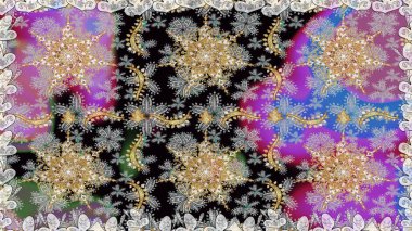 Gri renklerde, altın elementlerle kusursuz desen. Hassas altın deseni açın. Raster. Kusursuz altın desenli bukleler. Parlak dantel, stilize çiçekler, şal desenli. Doğu tarzı arabesk.