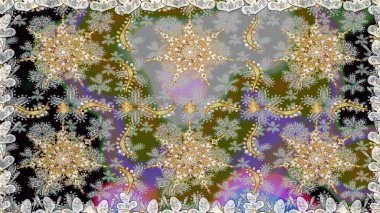 Çizgi sanatı tasarım şablonu için kusursuz sınır. Altın desenli çiçek dekoru. Doğu tarzı element. Gri renklerdeki altın element. Davetiyeler, kartlar, web sayfası için Raster illüstrasyonu.