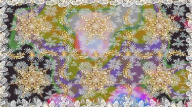 Dekoratif simetri arabesk. Gri renklerde altın. Doğum günü kartı, davetiye ya da afiş için iyidir. Kusursuz ortaçağ çiçek deseni. Raster illüstrasyonu.