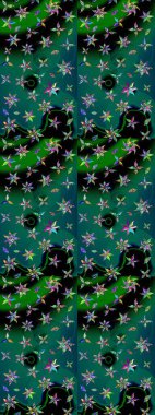 Raster suluboya çiçek deseni, narin çiçekler, yeşil ve mavi çiçekler, tebrik kartı şablonu. Raster Güzel kumaş deseni.