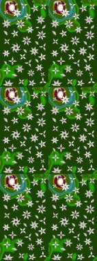 Raster illüstrasyonu. Asya tekstil tarzında. Yeşil ve nötr renklerde çiçekler. Raster illüstrasyonu. Çiçek desenini çiz.