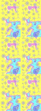 Karalama çiçekleri çizim kalıbı. Sarı ve mavi el çizimi desen. Raster deseni. Sanat ilham verici ve mavi stil çiçekler ve yapraklar.