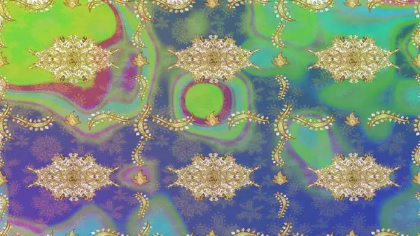 Klasik Raster altın desenini çiz. Klasik klasik klasik arka plan. Geleneksel oryantasyon süsü. Yeşil renkler ve altın elementler üzerine çizim deseni.