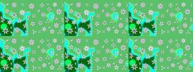 Yeşil ve mavi renkli şirin çiçekler. Moda baskısı, albüm, ambalaj kağıdı ve duvar kağıdı için zarif dekoratif süslemeler. Raster illüstrasyonu. Küçük çiçekli basit bir çiçek çizimi..