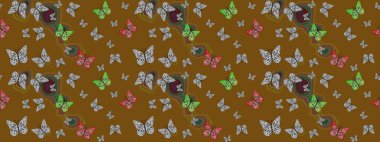 Kahverengi üzerinde sevimli kelebekler. Renkli kelebeklerin eskiz geçmişi. Raster illüstrasyonu. Ambalaj kağıtları ve duvar kağıtları için güzel bir arkaplan, kumaş tasarımı, kağıt..