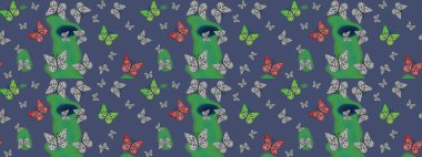 Raster illüstrasyonu. Kıyafet tarzı için mavi arka planda dekorasyon. Farklı renkte kelebeklerin çizimi. Fantezi renkli resimler koleksiyonu. Tasarım için Raster Kelebekleri.