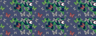 Mavi arka planda güzel renkli kelebekler. Çocuk kelebek çizim kalıbı. Raster Moda Kelebekleri Çocuk Duvar Kağıdı.