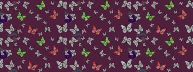 Raster illüstrasyonu. Tekrarlanan kelebekler. Sonsuz. Çizim, karalama, karalama. Elle çizilmiş sevimli kız çizimi deseni.
