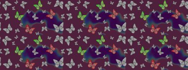 Davetiye, kart ve parmak izi için basit kadınsı bir model. Uçan kelebek keten temalı Raster çizimi. Kahverengi üzerine kelebek bezi şablonu. Giysiler için böcek kumaşı klipsleri tekrarlanıyor.