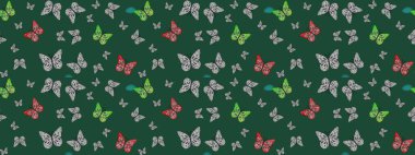 Davetiye, kart ve parmak izi için basit kadınsı bir model. Raster illüstrasyonu. Rastgele yeşil kelebekler şirin desenler. Yeşil arka planda kelebek. Çizim.