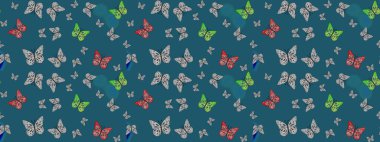 Kumaş, kağıt ve ambalaj için uygun. Güzel renkli kelebekler mavi renklerde kaotik bir şekilde uçarlar. Uçan güve ile çok renkli bir arka plan çiz. Raster. Parlak kelebeklerin özgeçmişini çiz