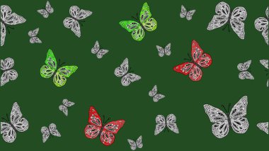Raster illüstrasyonu. Sonsuz. Tekrarlanan kelebekler. Çizim, karalama, karalama. Elle çizilmiş sevimli kız çizimi deseni.