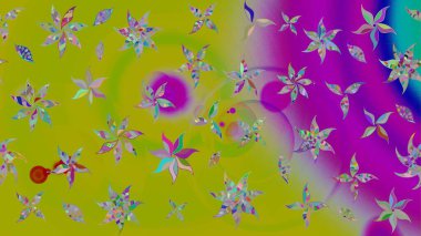 Yeşil ve mor renkli çiçekler. Düz Çiçek Elementleri Tasarımı. Sevimli çiçek raster deseni. Renk Bahar Teması eskiz şablonu.