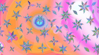 Karalama çiçekleri çizim kalıbı. Sanat eserleri, portakal rengi çiçekler ve yapraklar. Raster deseni. Pembe ve turuncu el çizimi desen.