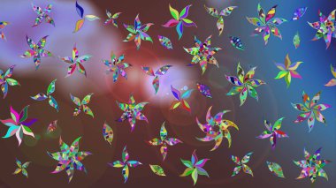 Düz Çiçek Elementleri Tasarımı. Sevimli çiçek raster deseni. Kahverengi ve mavi renkli çiçekler. Renk Bahar Teması eskiz şablonu.