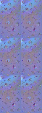 Raster illüstrasyonu. Şirin çiçekli eskiz deseni ve mor ve mavi renkli yapraklar, suluboya çiçek deseni, duvar kağıdı, kart veya kumaş için fayanslı.