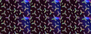 1950-1960 motifleri. Çiçekli ipek eşarp. Retro tekstil tasarım koleksiyonu. El çizimi çiçek unsurları olan soyut çizim raster deseni. Kahverengi, siyah ve mavi kahverengi, siyah ve mavi.