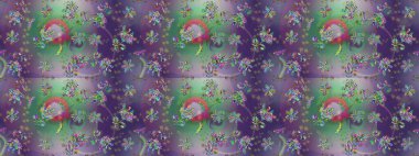 Raster illüstrasyonunda kusursuz çiçek deseni. Mor, nötr ve yeşil renkte çiçekler. Düz Çiçek Elementleri Tasarımı. Renkli Bahar Teması Kusursuz Arkaplan.