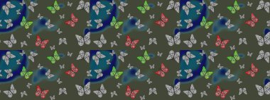 Suluboya soyut parlak desenli kelebek kanatları, retro renkler. Kumaş, tekstil, baskı ve davetiye için arka plan. Yeşil renkli resimler.