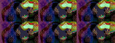 Raster illüstrasyonu. Siyah renkli Asya tekstili. Kusursuz çiçek deseni.