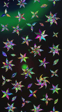 Raster illüstrasyonu. Gri ve yeşil renkli Asya tekstili. Çiçek desenini çiz.