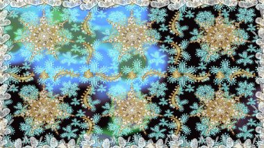 Altın elementlerle mavi renklerde altın desen. Raster oryantal süs. Geleneksel klasik altın desen. Barok tarzında kusursuz bir doğulu süsü..