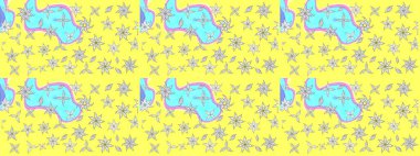 Raster illüstrasyonundaki çiçek desenli çizim. Sarı ve mavi renkte çiçekler.