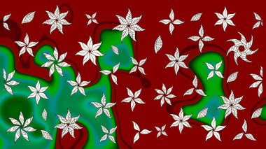 Renkli ve yeşil raster çizimi. Bir sürü kırmızı ve yeşil soyut çiçekli tropik eskiz deseni. Küçük çiçekte sevimli çiçek deseni var..