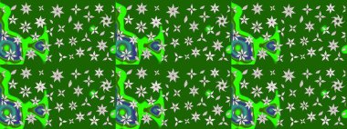 Raster illüstrasyonu. Çiçek desenli çizim. Yeşil ve nötr renklerde çiçekler. Renkli Bahar Teması eskiz kalıbı. Asya tekstil tarzında. Düz Çiçek Elementleri Tasarımı.