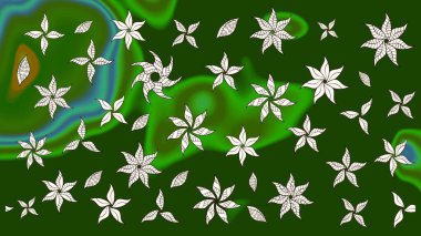 Raster - stok. Yapraklı çiçekler ve yeşil ve tarafsız renklerde papatya çiçekleri. Taslak arkaplan deseni.