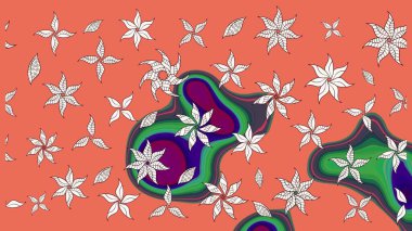 Raster illüstrasyonu. Renkli desenli eskiz deseni, turuncu ve nötr çiçekler ve dekoratif elementler. Kumaş, tekstil, duvar kağıdı baskısı için. Eskiz geçmişi. Antika retro tarzı.