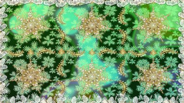 Altın elementlerle yeşil renklerde altın desen. Süslü raster dekorasyonu. Barok tarzında duvar kağıdı tasarımı için kusursuz damaske deseni arkaplanı.