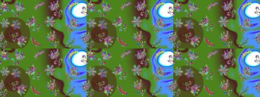 Kış kar taneleri, raster arka plan. Yüzey için tekrarlanan doku, ambalaj kağıdı, yeşil, mavi ve kahverengi renkli kar tanesi.