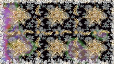 Damask arkaplanı tekerrür ediyor. Antika altın tekrarlanabilir duvar kağıdı. Barok tarzında altın çiçek süsü. Gri renklerdeki altın element.