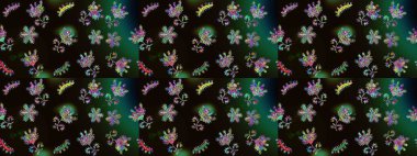 Siyah, gri ve yeşil renkte etnik çiçeklerle süslenmiş zarif bir eskiz deseni. Asya Tekstil 'inde Raster Çiçek İllüstrasyonu.
