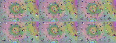 Raster illüstrasyonu. Tarafsız ve yeşil renklerde Asya tekstili. Çiçek desenini çiz.