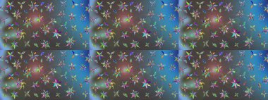 Çiçeksel fantezi tasarımı ve parlak bir arka plan çizimi. Renkli Bahar Teması eskiz kalıbı. Düz Çiçek Elementleri Tasarımı.