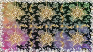 Gri renklerdeki altın element. Altın desenli çiçek dekoru. Doğu tarzı element. Davetiyeler, kartlar, web sayfası için Raster illüstrasyon. Çizgi sanatı tasarım şablonu için sınırsız sınır.