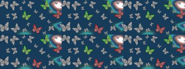 Fantezi güzel illüstrasyon. Renk çizimi kalıbı. Kitap sayfaları için çiçek ormanlarında uçan güzel kelebekler. Raster illüstrasyonu. Mavi renkli resimler.